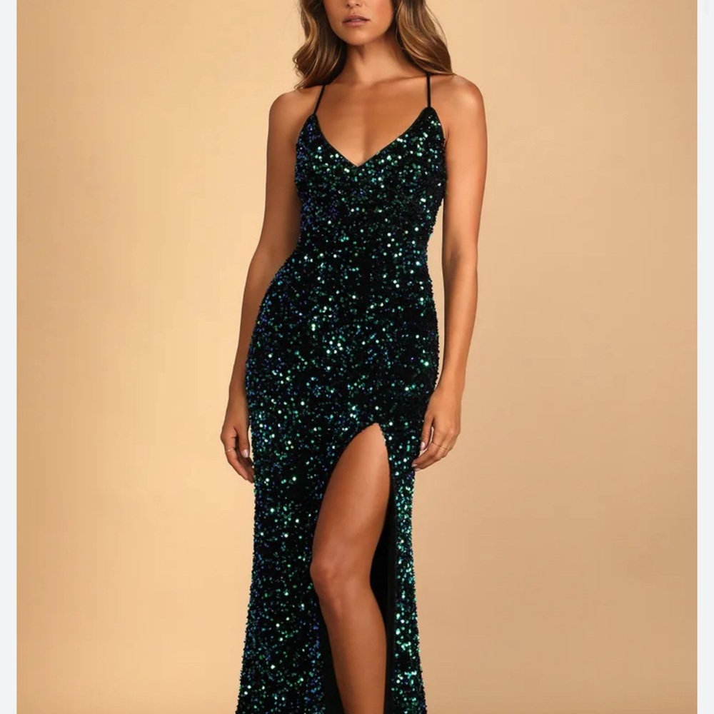 Regal velvet sequin black and silver maxi dress with slit